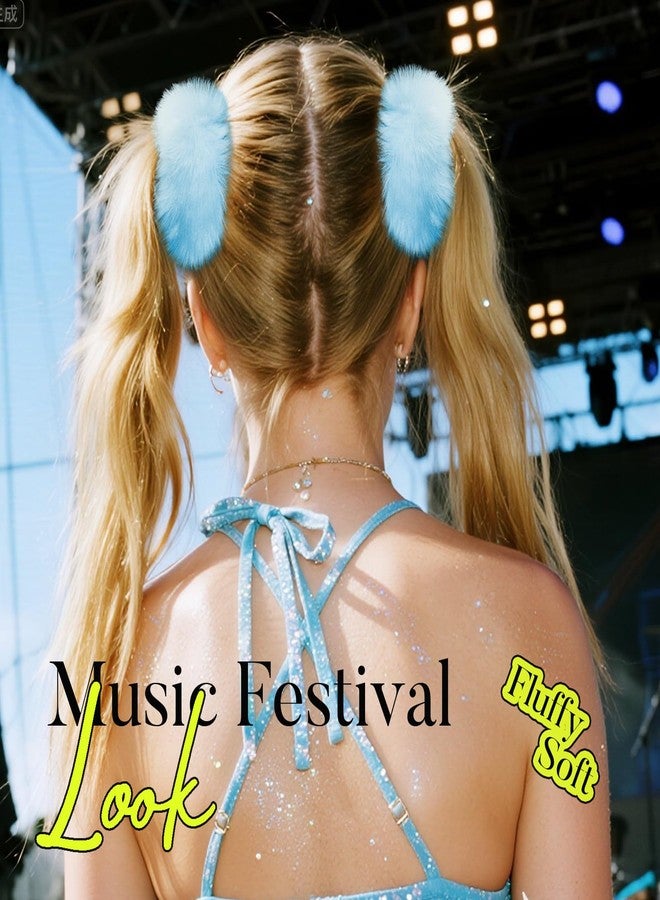 YGDZ 4PCS Blue Pom Pom Hair Ties, Furry Faux Rabbit Fur Light Blue Scrunchies, Hair Ties Ponytail Holders, Hair Accessories for Girls Women - Image 4